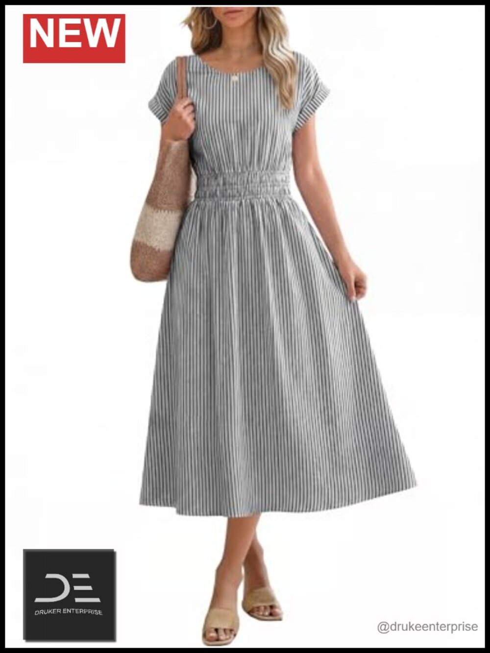Women's Summer Midi Dress Striped Short Sleeve Crewneck Elastic Waist Flowy